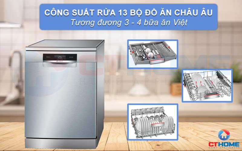 Dung tích chứa lớn, công suất rửa tối đa của máy rửa bát Bosch SMS88UI36E là 13 bộ