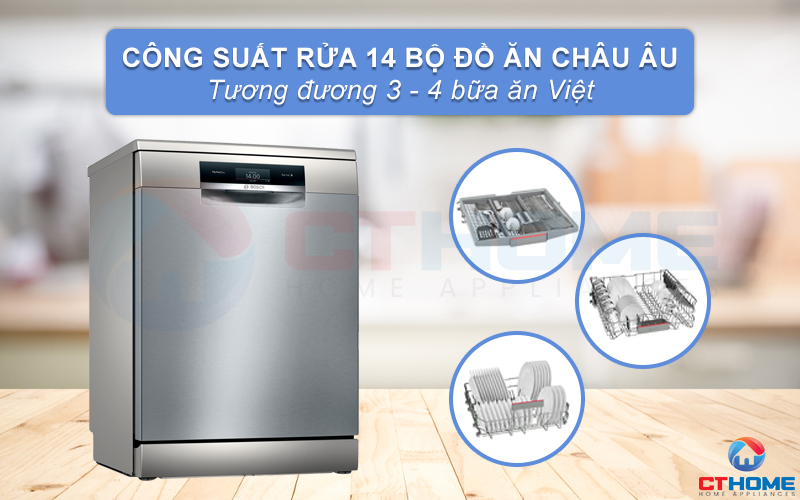 Máy rửa bát Bosch SMS8YCI01E có công suất rửa tối đa lên đến 14 bộ đồ ăn châu Âu.