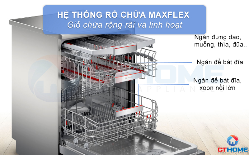 Hệ thống rổ chứa Maxflex rộng rãi, linh hoạt.