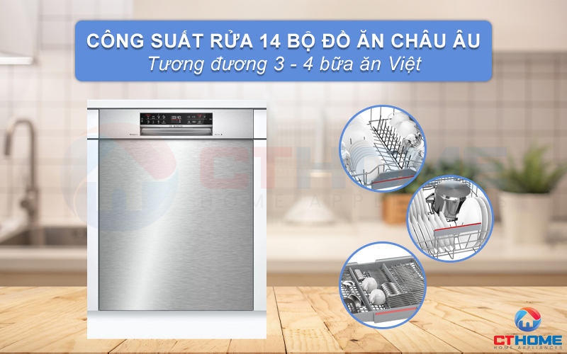 Máy rửa bát Bosch SMU6ZCS52S dung tích chứa lớn, công suất rửa 14 bộ đồ Châu Âu