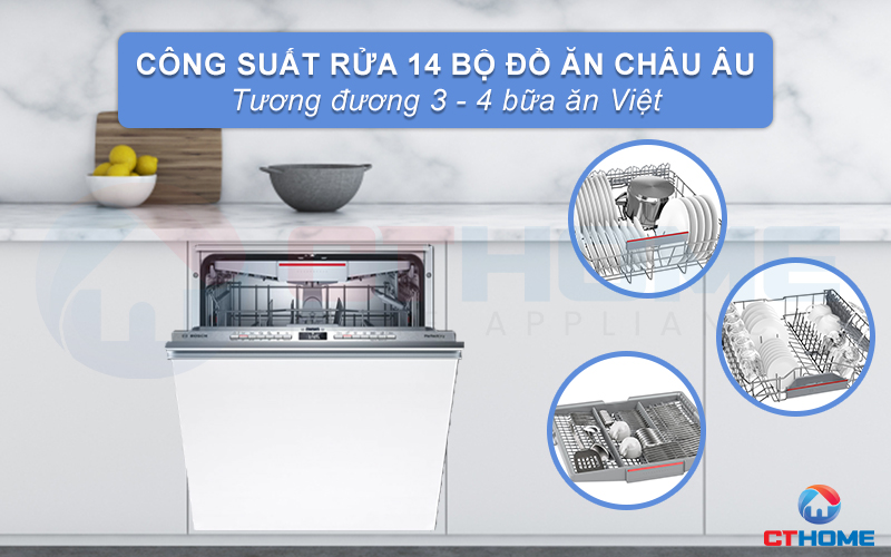 Dung tích lớn, công suất rửa 14 bộ phù hợp với gia đình 4-6 thành viên