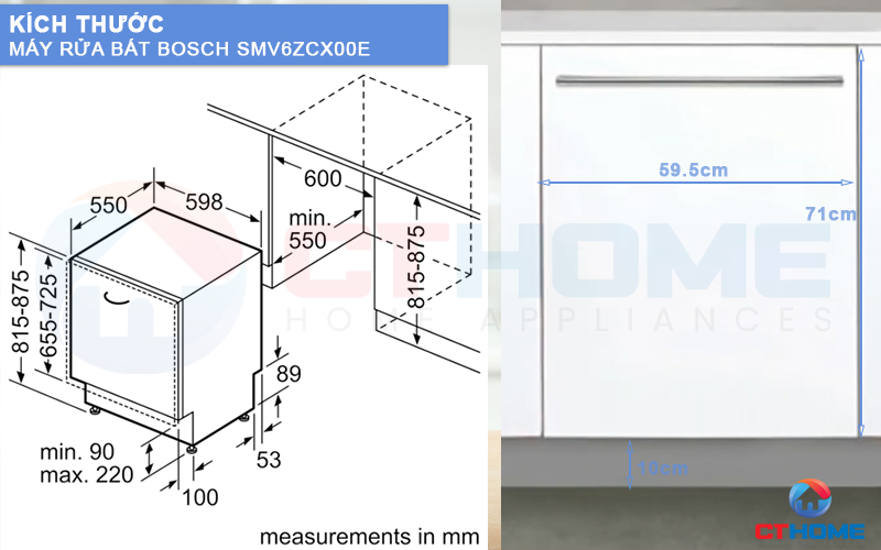 Kích thước của máy rửa bát SMV6ZCX00E và tấm ốp gỗ