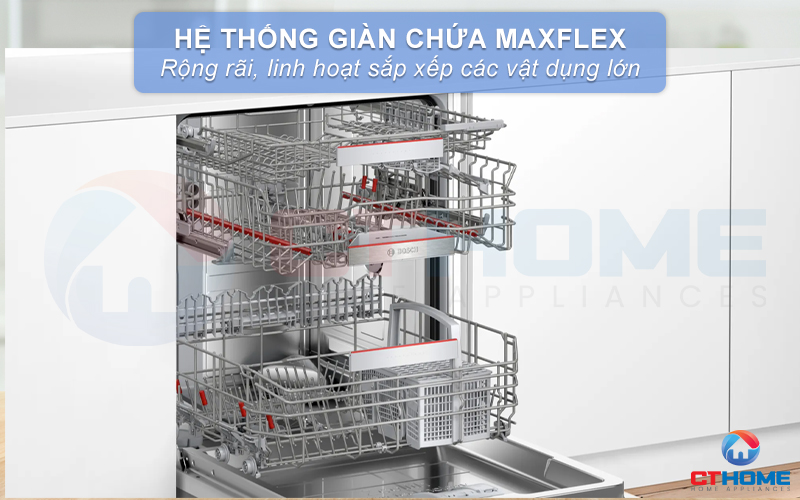 Thiết bị rửa bát SMV6ZDX49E serie 6 được trang bị hệ thống giỏ chứa Max Flex lòng sâu