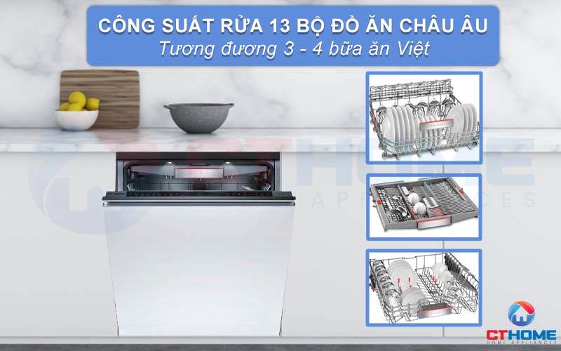 Công suất rửa của máy rửa bát Bosch SMV88UX36E tối đa đến 13 bộ