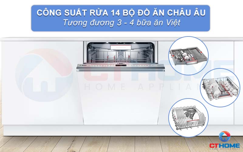 Công suất rửa của máy lên tới 14 bộ đồ ăn Châu Âu.