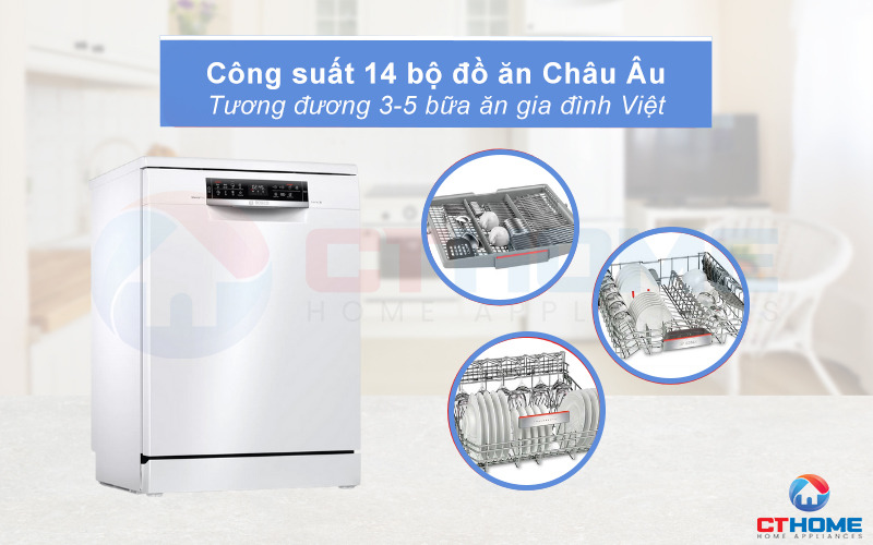 Công suất rửa của Máy rửa bát Bosch SMS6ECW57E có thể đạt tối đa 14 bộ đồ ăn.