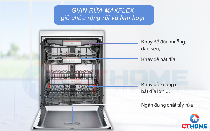 Giàn rửa MaxFlex to, rộng giúp tối ưu được không gian xếp bát