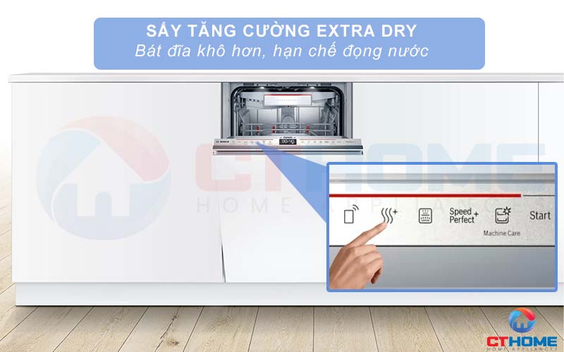 Sấy tăng cường Extra Dry giúp bát đĩa khô hơn, hạn chế đọng nước