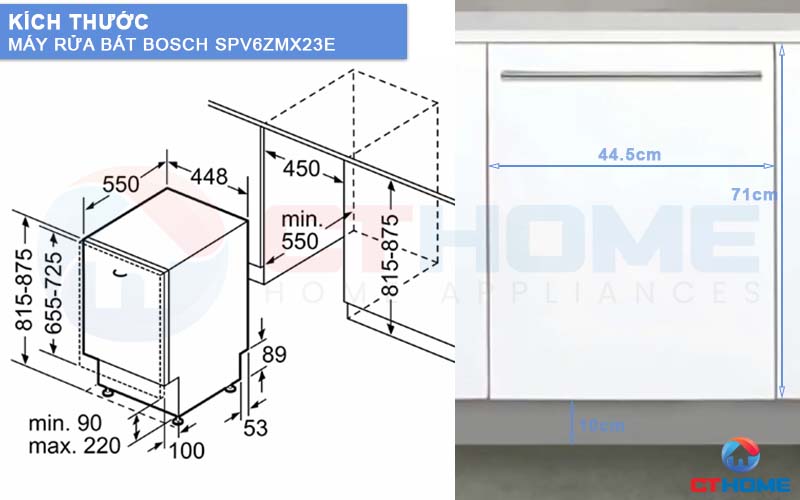 Kích thước máy rửa bát âm tủ SPV6ZMX23E và tấm ốp gỗ