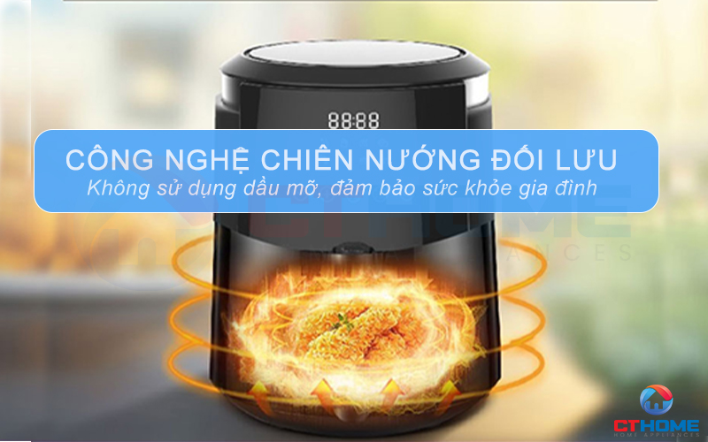 Sử dụng công nghệ chiên, nướng kết hợp bằng khí đối lưu không sử dụng dầu mỡ, đảm bảo sức khỏe gia đinh