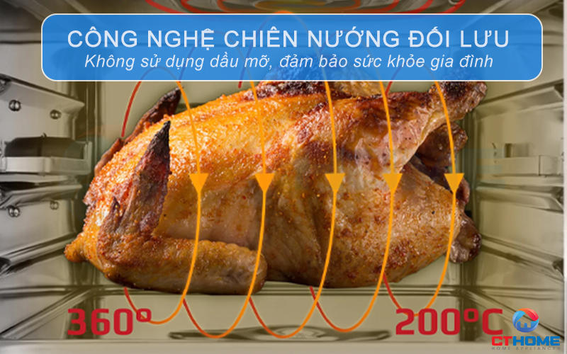 Sử dụng công nghệ chiên, nướng kết hợp bằng khí đối lưu không sử dụng dầu mỡ, đảm bảo sức khỏe gia đinh