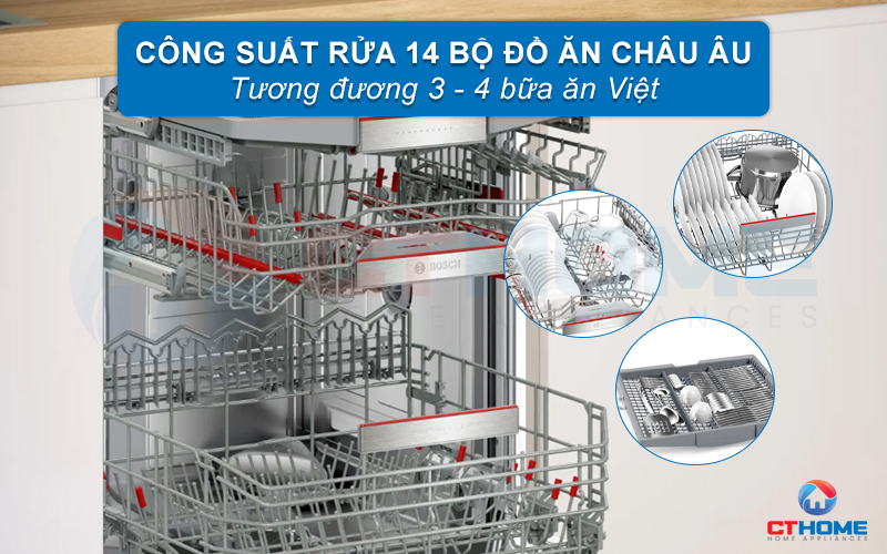 Dung tích rửa lớn, công suất rửa 14 bộ đồ ăn phù hợp gia đình 4-6 người