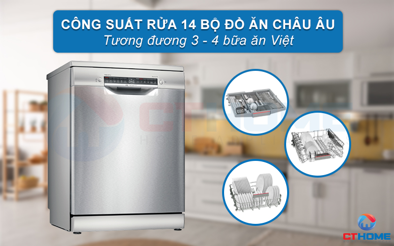 công suất rửa 14 bộ đồ ăn phù hợp gia đình 4-6 người