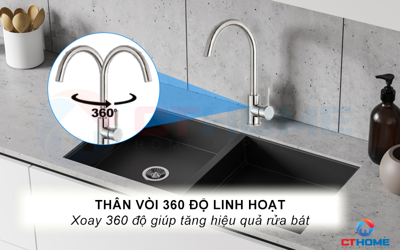 Thân vòi xoay 360 độ tăng phạm vi tiếp cận rửa vật dụng