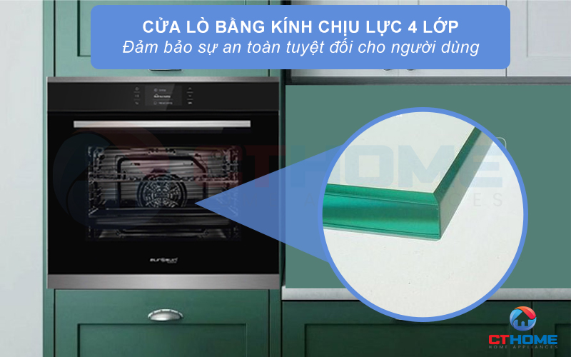 Cửa lò bằng kính chịu lực 4 lớp, chịu lực và nhiệt cao đáp ứng tốt nhu cầu nấu nướng của gia đình bạn