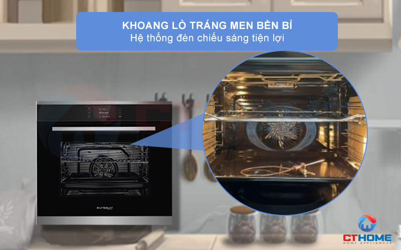 Khoang lò được làm từ Inox cao cấp bền chắc đi kèm đèn Halogen chiếu sáng