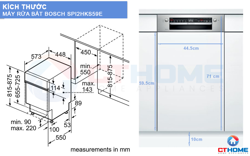 Kích thước nhỏ gọn của máy rửa bát Bosch SPI2HKS59E phù hợp với các không gian cần tối ưu diện tích