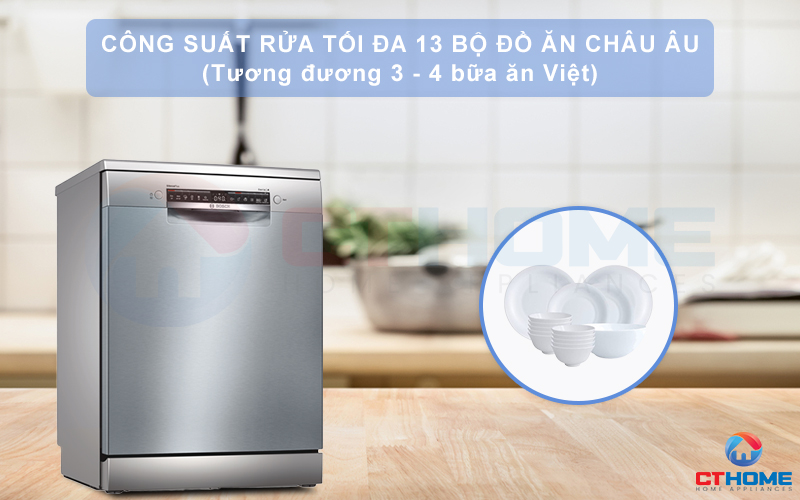 Công suất rửa tối đa của máy rửa chén độc lập Bosch SMS4ECI26E có thể đạt 13 bộ đồ ăn.