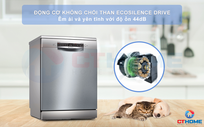 Độ ồn của máy rửa chén Bosch SMS4ECI26E chỉ 44dB nhờ động cơ EcoSilence Drive.