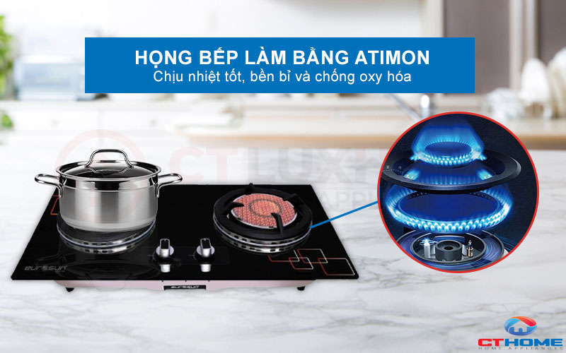 Họng bếp làm bằng hợp kim Atimon giúp chịu nhiệt cao, chống oxy hóa