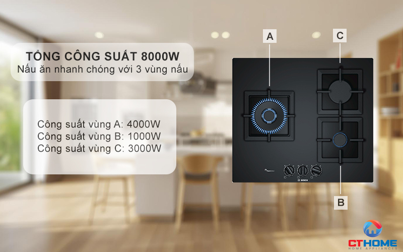 Nấu ăn nhanh chóng với 5 vùng nấu cho tổng công suất 8000W