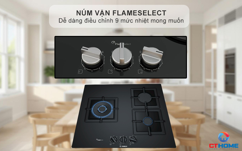 Núm vặn FlameSelect dễ dàng điều chỉnh 9 mức nhiệt mong muốn