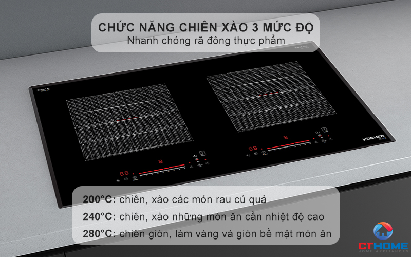 Chức năng chiên xào 3 mức độ độ nhiệt: 200°C/ 240°C/ 280°