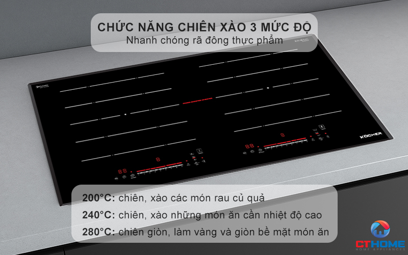 Chức năng chiên xào 3 mức độ độ nhiệt: 200°C/ 240°C/ 280°