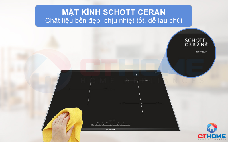 Mặt kính Schott Ceran bền đẹp, chịu nhiệt tốt và dễ lau chùi.