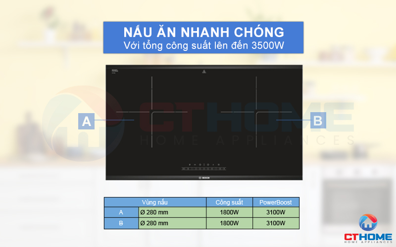 Nấu ăn nhanh với hai vùng nấu cho tổng công suất 3500W