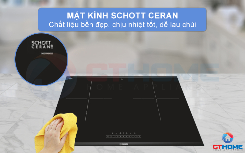 Mặt kính Schott Ceran cho khả năng chịu lực và chịu nhiệt tốt, dễ vệ sinh lau chùi.