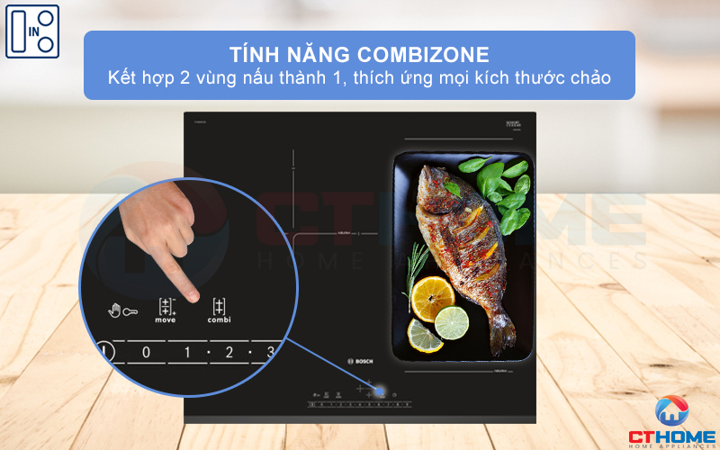 Kết hợp 2 vùng nấu thành 1 vùng nấu lớn khi kích hoạt CombiZone.