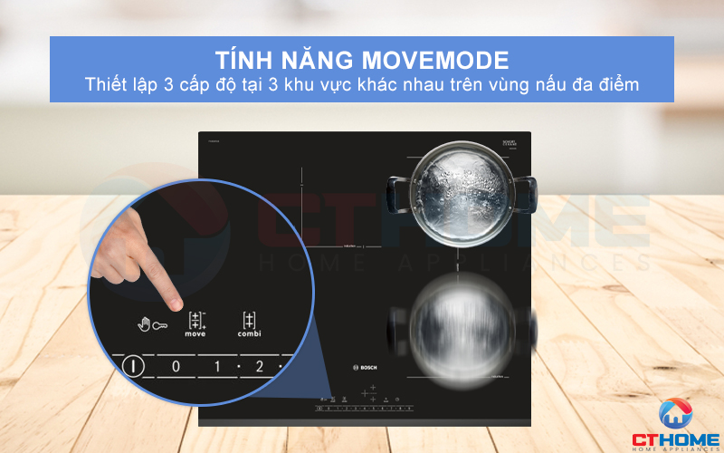 Chức năng MoveMode chia 2 vùng nấu với 2 mức công suất khác nhau.