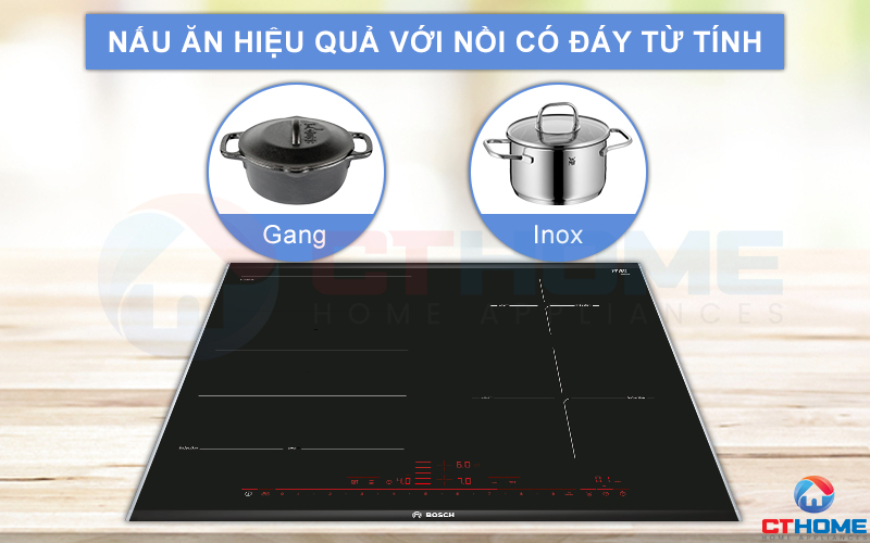 Lựa chọn nồi chảo có đáy từ tính để có thể nấu nướng trên bếp từ Bosch PXE675DC1E.