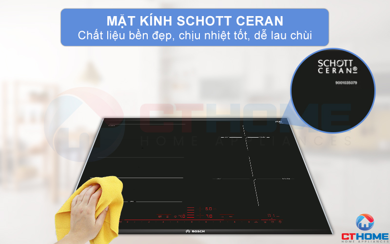 Mặt kính Schott Ceran bền đẹp, khả năng chịu nhiệt tốt và dễ lau chùi.