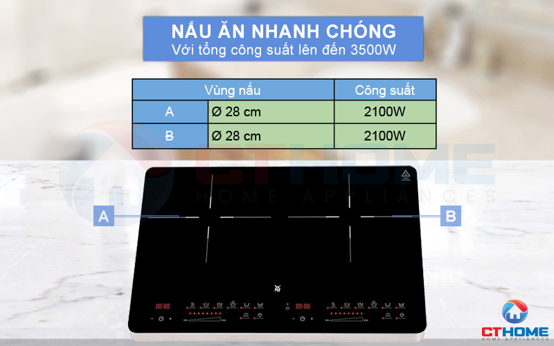 Tổng công suất bếp từ dương WMF KULT X lên đến 3500W.