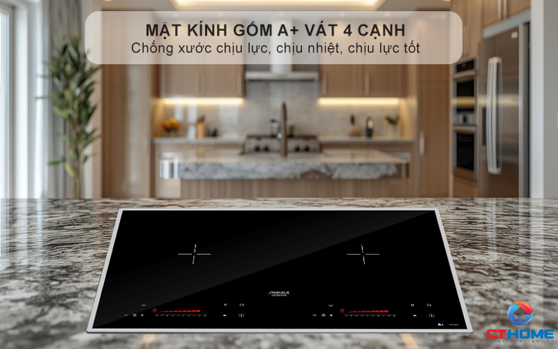 Mặt kính gốm A+ vát 4 cạnh & bo viền kim loại xung quanh bếp