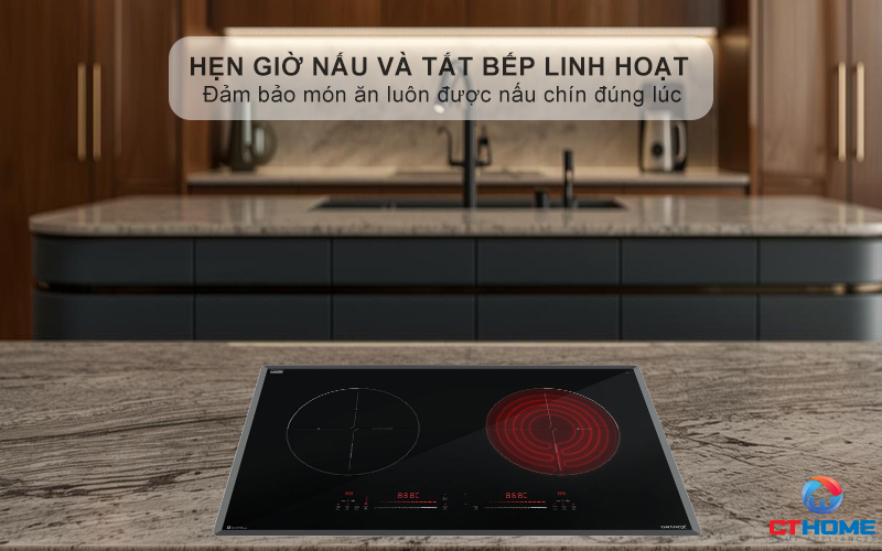 Hẹn giờ tối đa 99 phút cho từng vùng nấu, giúp người dùng chủ động hơn trong việc nấu ăn