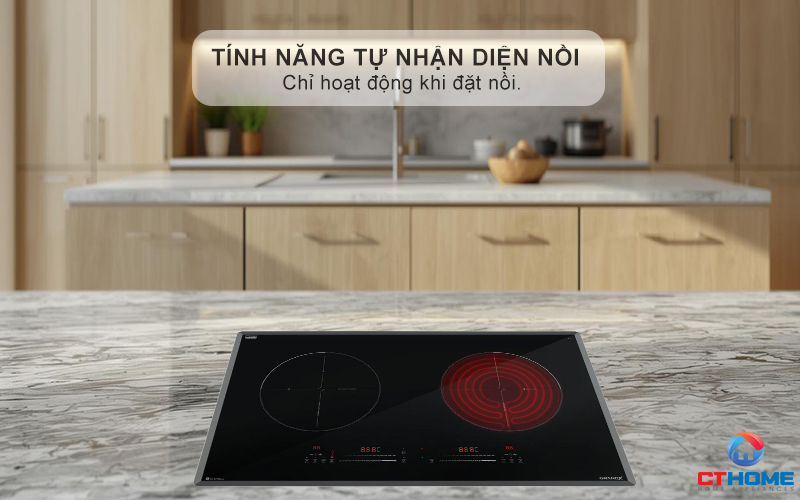 Tự động nhận diện nồi (Automatically find pot) và chỉ làm nóng khi có nồi, an toàn và tiết kiệm