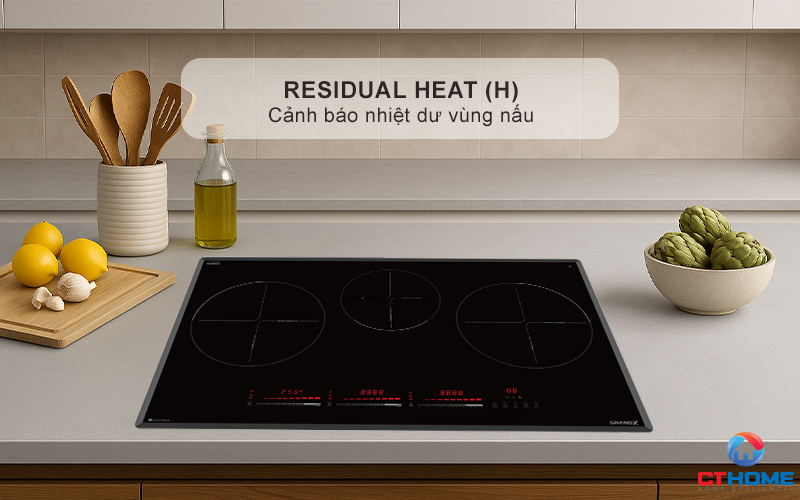 Cảm biến nhiệt dư, hiển thị ký hiệu “H” khi mặt bếp còn nóng, giúp phòng tránh bỏng