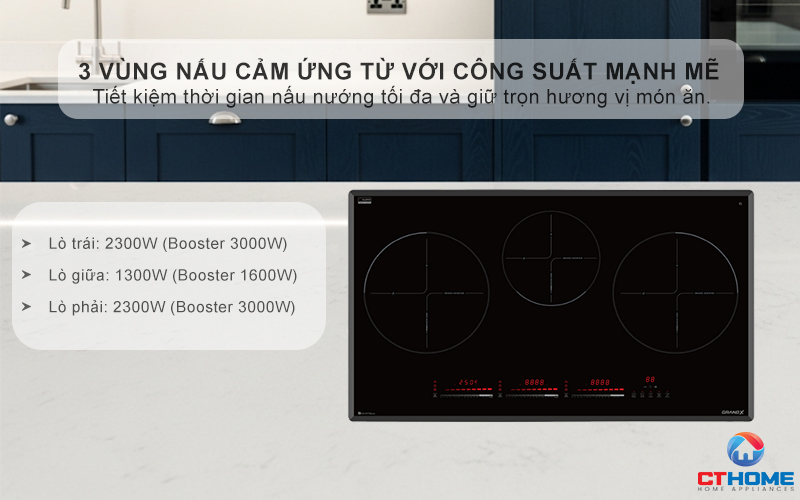 3 vùng nấu cảm ứng từ với công suất mạnh mẽ