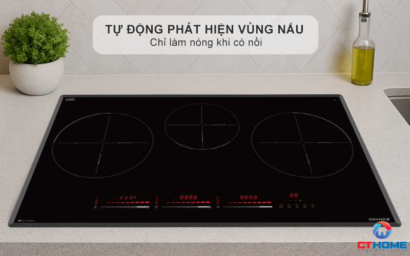 Cảm biến thông minh tự động phát hiện vùng nấu và chỉ làm nóng khi có nồi, đảm bảo an toàn và tiết kiệm điện