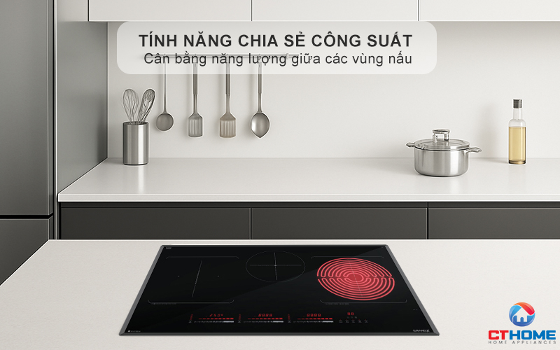 Tính năng chia sẻ công suất giúp cân bằng năng lượng giữa các vùng nấu, công suất tổng tối đa lên đến 5600W