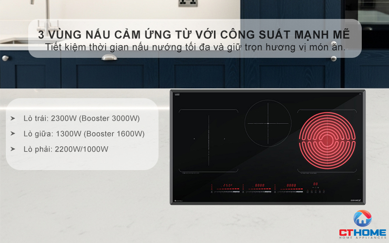 3 vùng nấu cảm ứng từ với công suất mạnh mẽ