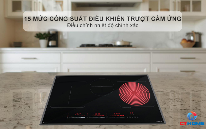 Điều khiển cảm ứng trượt 15 mức công suất cho từng vùng nấu độc lập, dễ dàng điều chỉnh mức nhiệt chính xác
