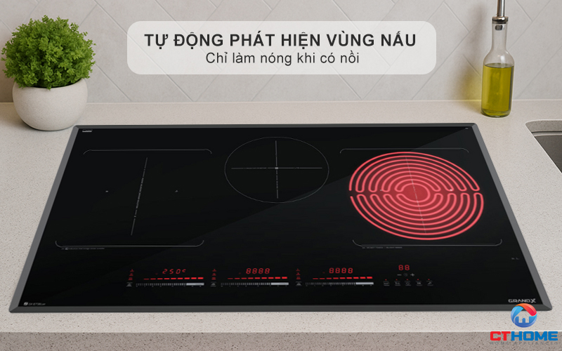 Cảm biến thông minh tự động phát hiện vùng nấu và chỉ làm nóng khi có nồi, đảm bảo an toàn và tiết kiệm điện