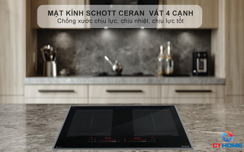 Mặt kính SCHOTT CERAN nhập khẩu, nổi bật với độ bền cao, vát 4 cạnh tinh xảo