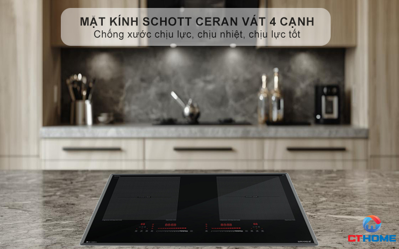 Mặt kính SCHOTT CERAN nhập khẩu, nổi bật với độ bền cao, vát 4 cạnh tinh xảo