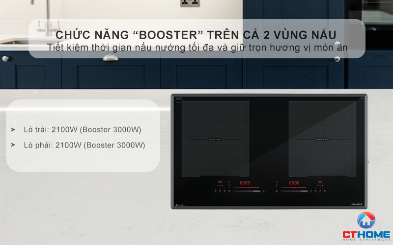 Chức năng “Booster” trên cả 2 vùng nấu, đạt công suất tối đa 3000W/vùng, tăng tốc độ nấu nướng vượt trội