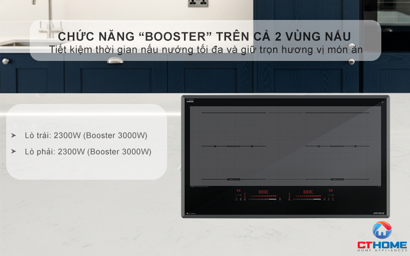 Chức năng “Booster” trên cả 2 vùng nấu, đạt công suất tối đa 3000W/vùng, tăng tốc độ nấu nướng vượt trội